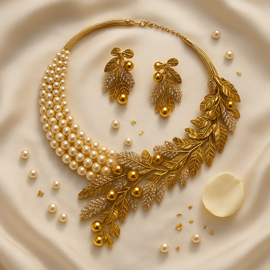Golden Grace Pearl & Leaf Necklace Set