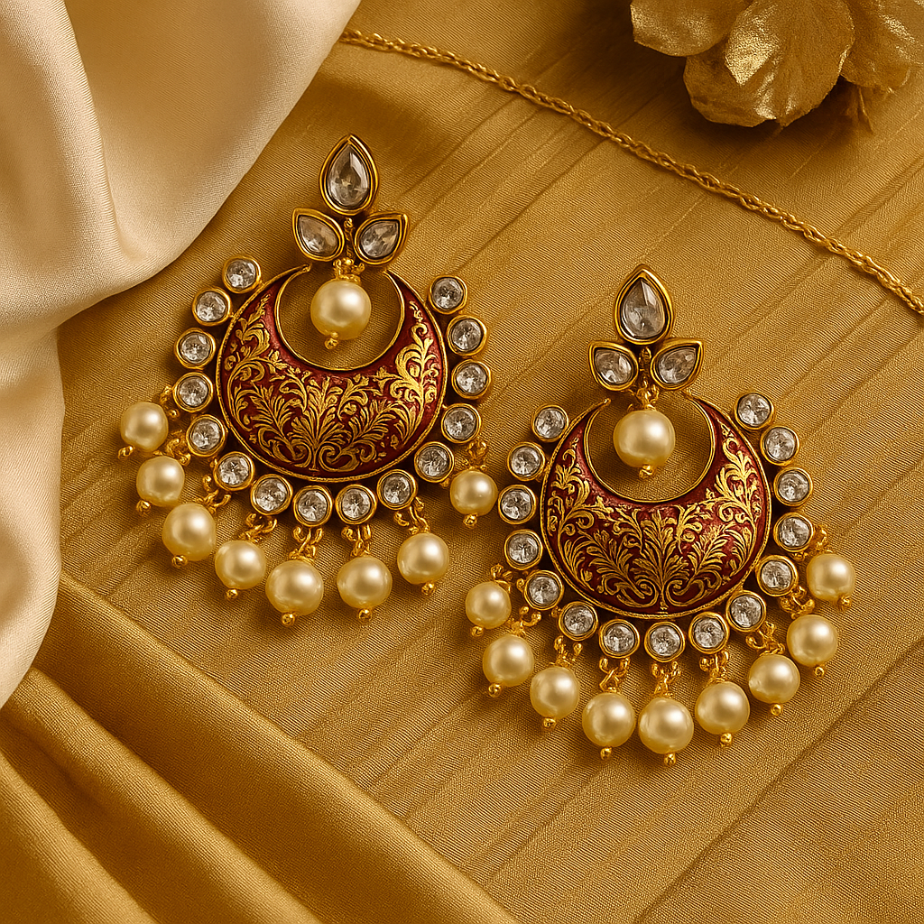 Rajkumari Meenakari & Pearl Chandbali Earrings
