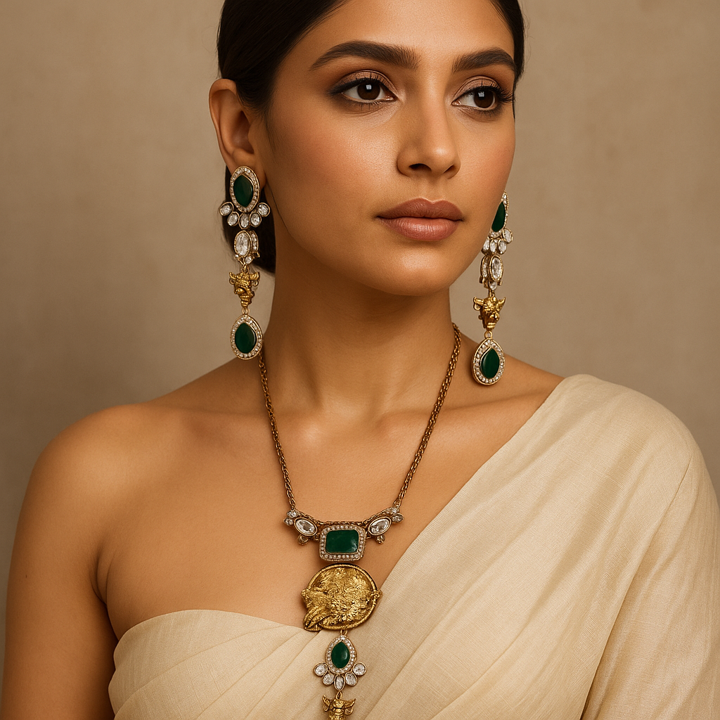 Emerald Nandi Heritage Necklace & Earrings Set