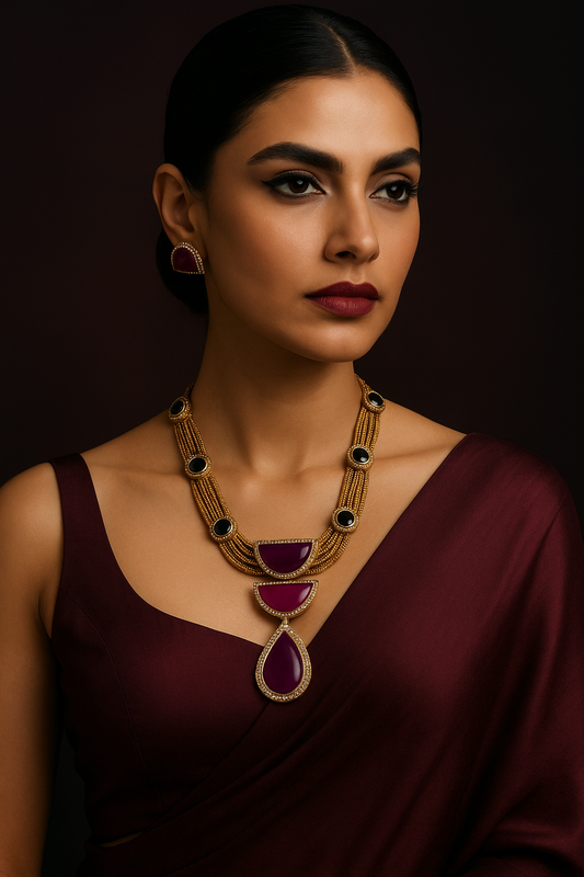 Regal Wine Stone Statement Necklace Set