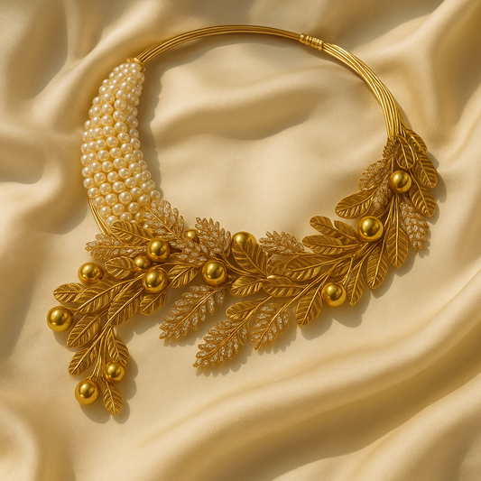 Golden Grace Pearl & Leaf Necklace Set