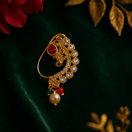 Sparkling Ruby & Pearl Gold Maharashtrian Nath