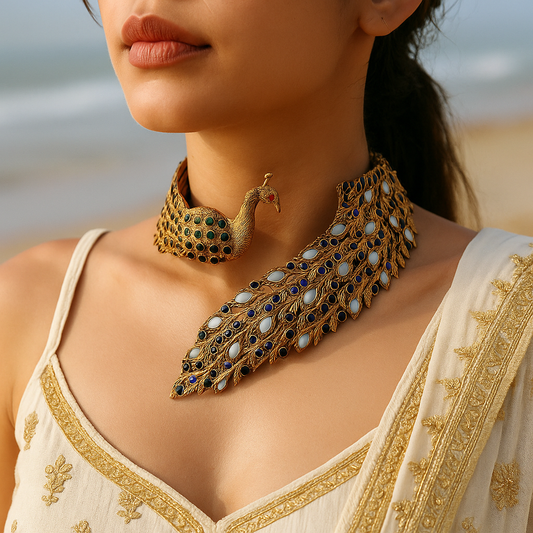 Regal Peacock Choker Set with Ear Cuffs