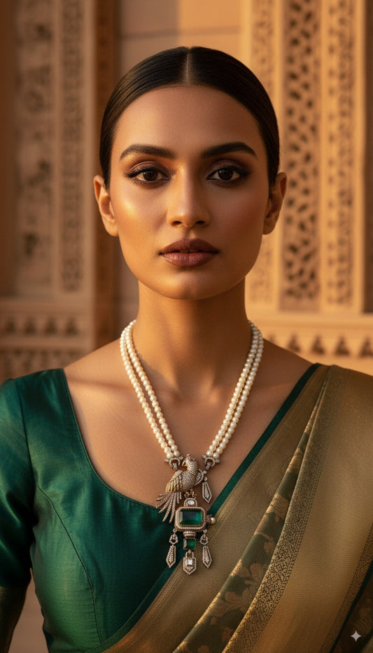 Emerald Pearl Necklace & Earrings Set