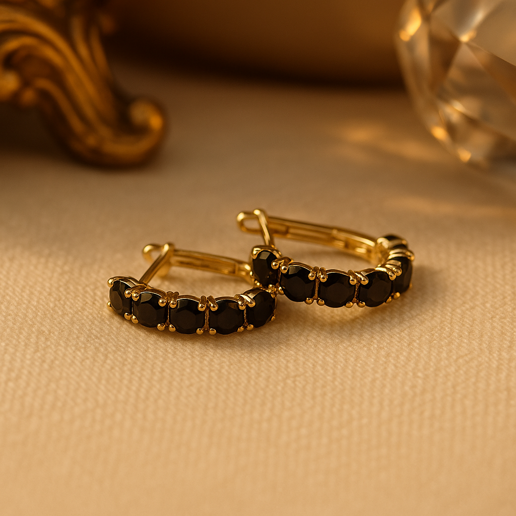 Black Stone Gold Mini Hoop Earrings