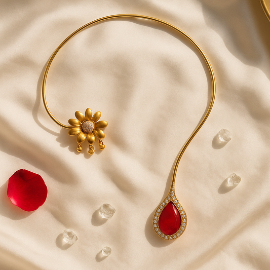Golden Bloom & Ruby Drop Necklace Set