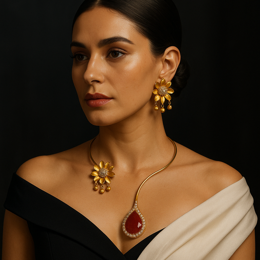 Golden Bloom & Ruby Drop Necklace Set