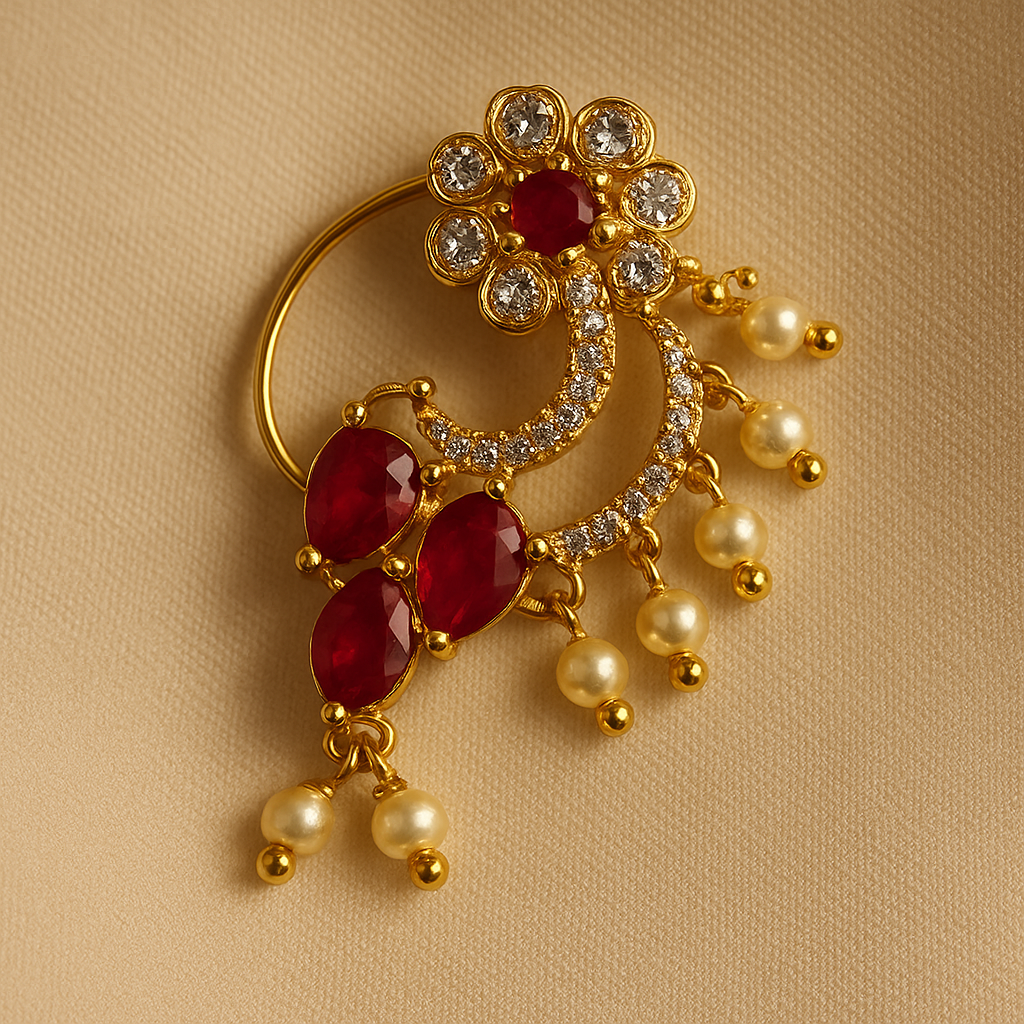 Floral Ruby & Pearl Maharashtrian Nath