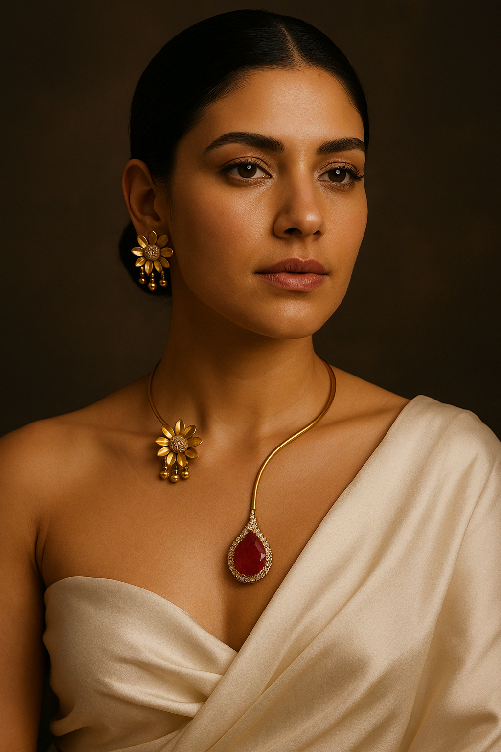 Golden Bloom & Ruby Drop Necklace Set