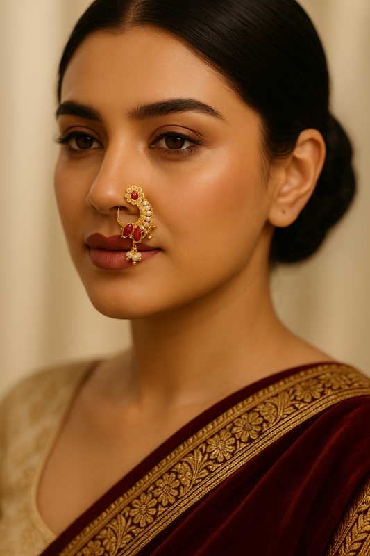 Floral Ruby & Pearl Maharashtrian Nath