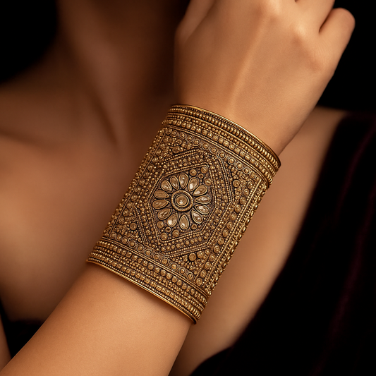 Gold Handcrafted Kundan-Work Cuff Bracelet