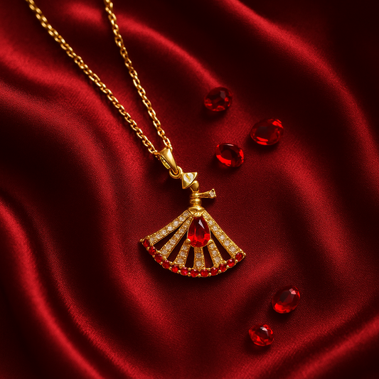 Ruby Radiance Fan Pendant Necklace