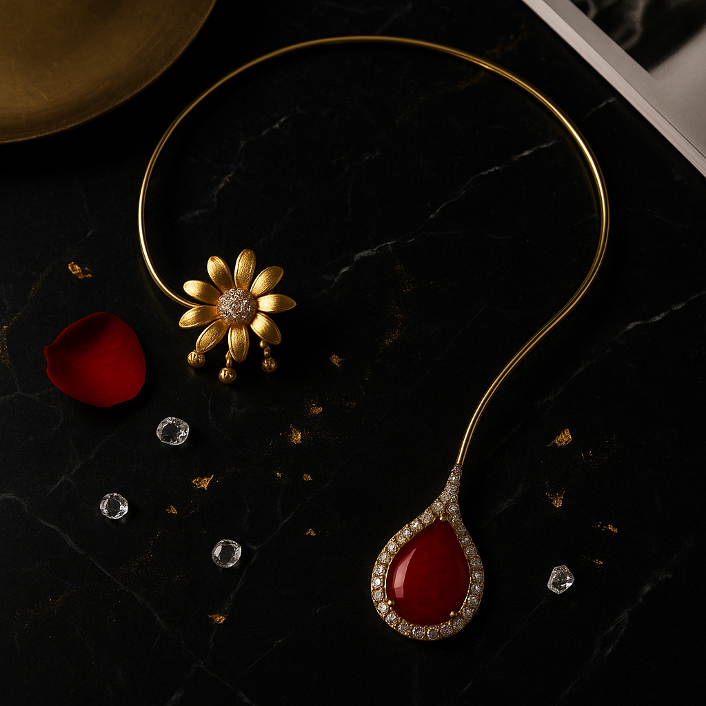 Golden Bloom & Ruby Drop Necklace Set