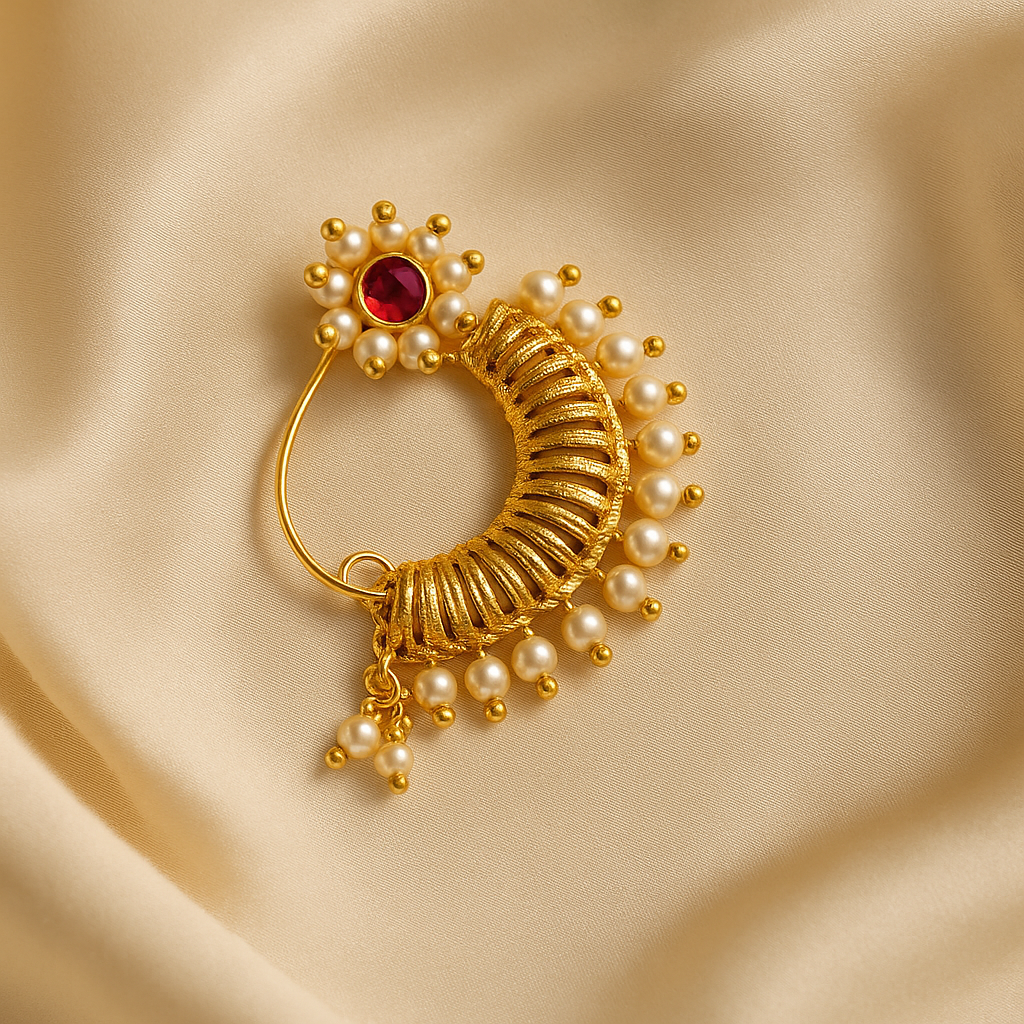 Traditional Maharashtrian Pearl & Kundan Nath
