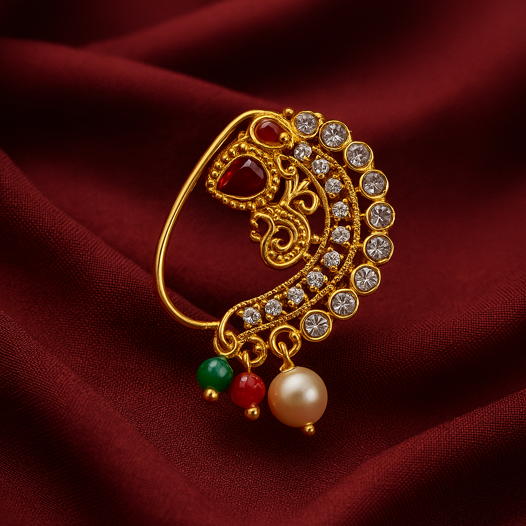 Sparkling Ruby & Pearl Gold Maharashtrian Nath