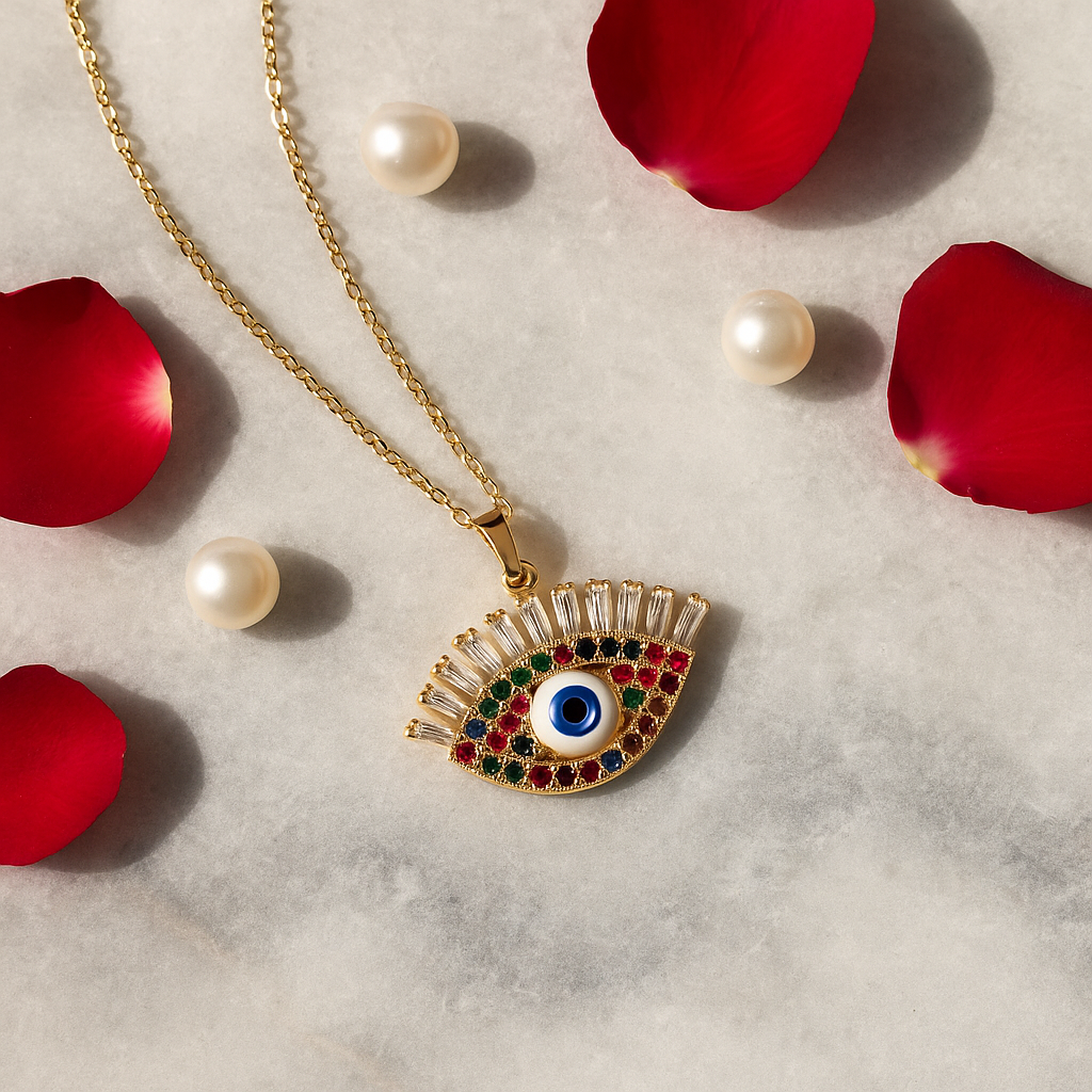 Evil Eye Pendant Necklace – Gold Polished, Adjustable Chain, Colourful Stones | Protection Jewelry