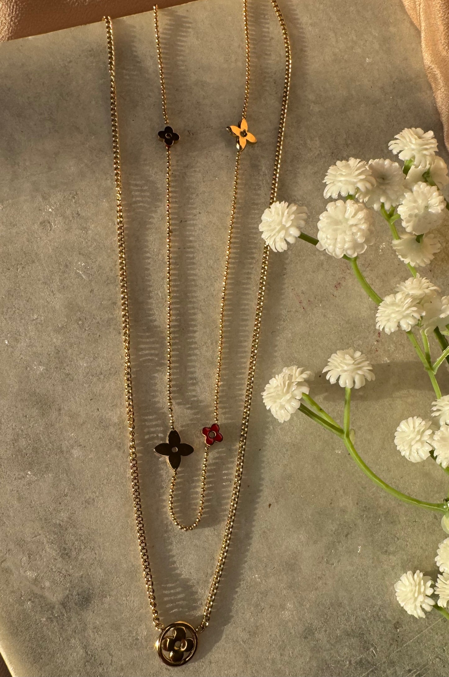 Gold Double Layer Floral Charm Necklace