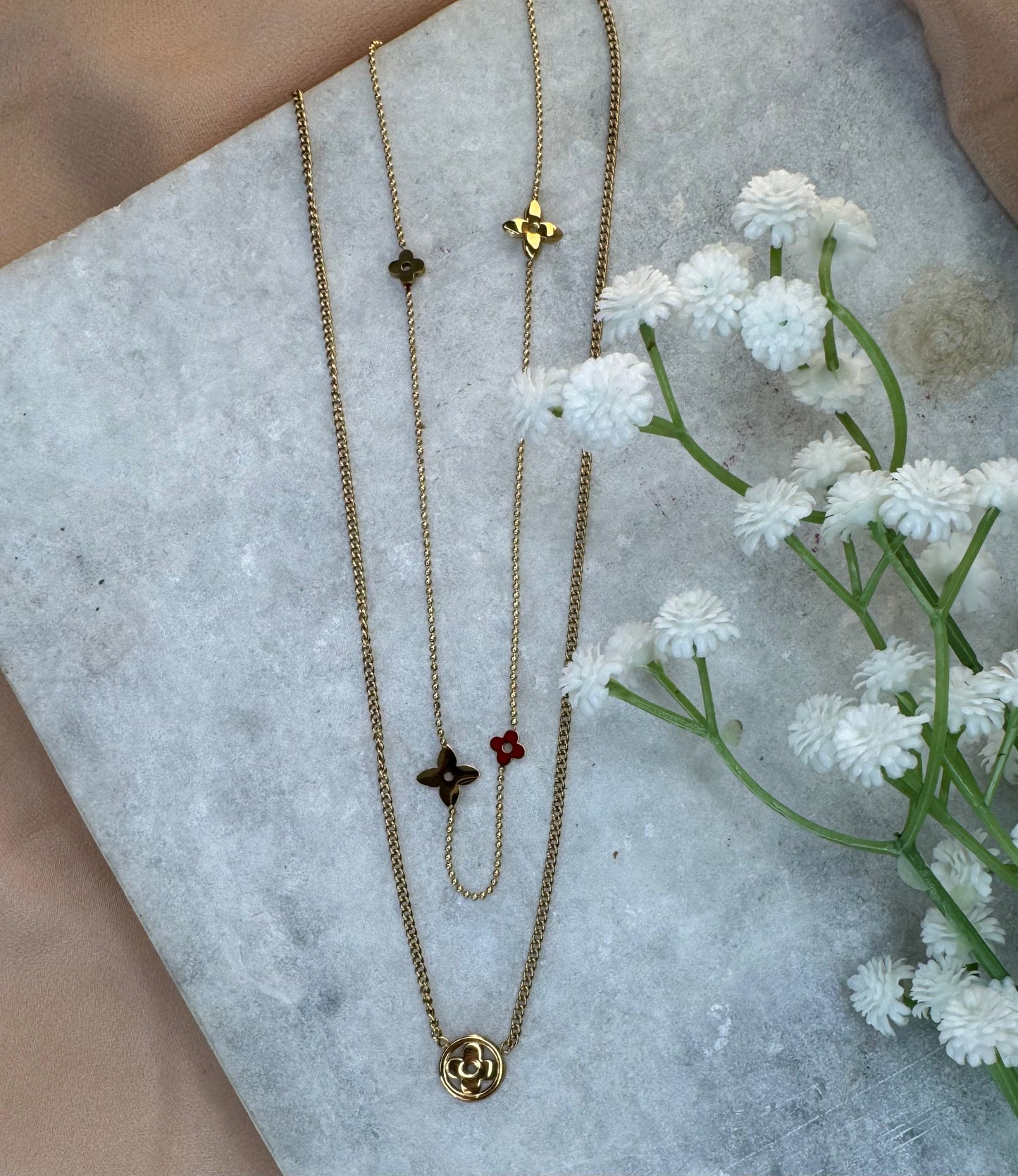 Gold Double Layer Floral Charm Necklace