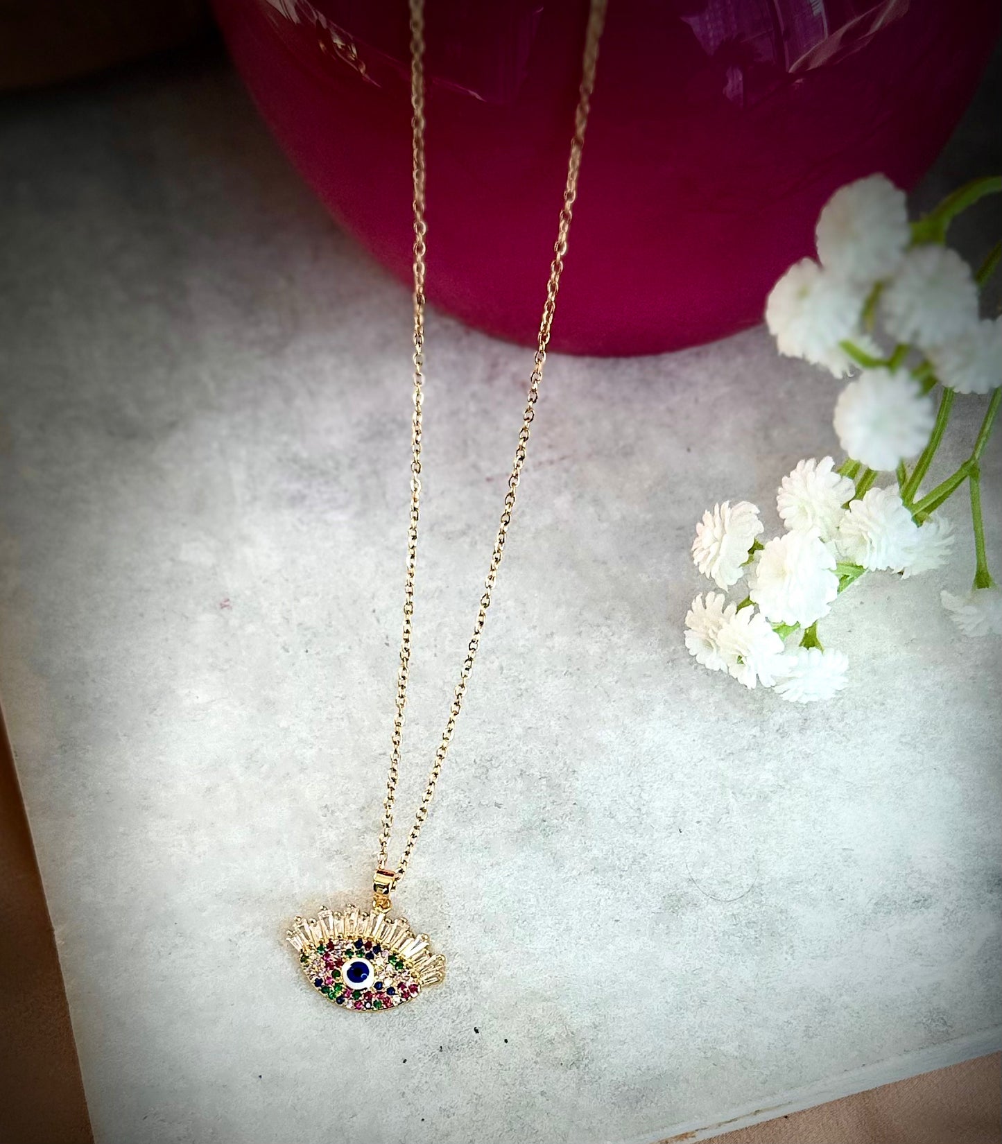 Evil Eye Pendant Necklace – Gold Polished, Adjustable Chain, Colourful Stones | Protection Jewelry