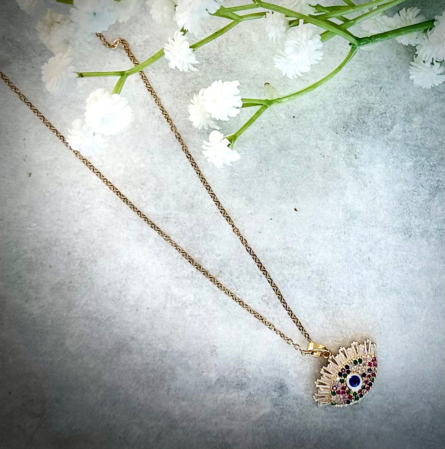 Evil Eye Pendant Necklace – Gold Polished, Adjustable Chain, Colourful Stones | Protection Jewelry