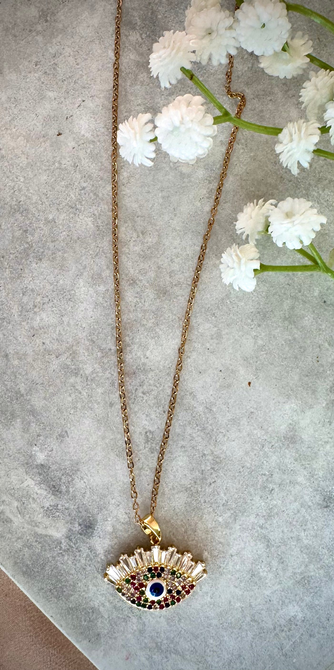 Evil Eye Pendant Necklace – Gold Polished, Adjustable Chain, Colourful Stones | Protection Jewelry