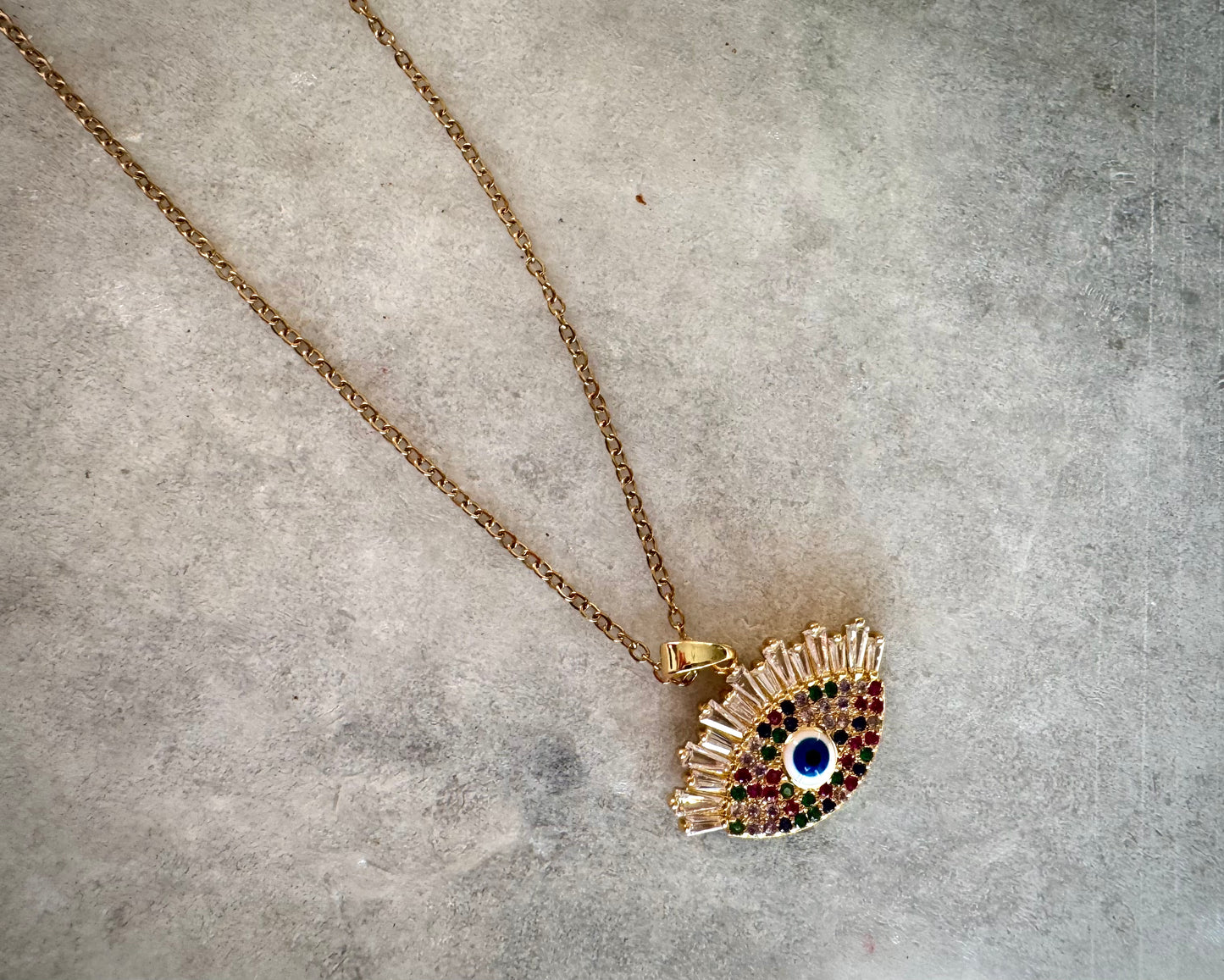 Evil Eye Pendant Necklace – Gold Polished, Adjustable Chain, Colourful Stones | Protection Jewelry