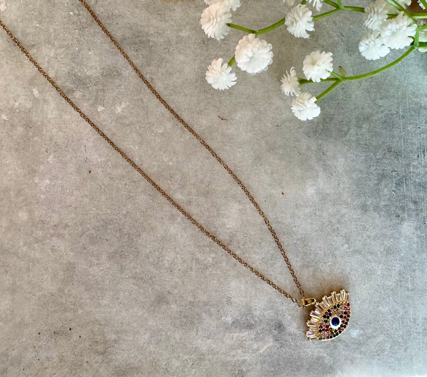 Evil Eye Pendant Necklace – Gold Polished, Adjustable Chain, Colourful Stones | Protection Jewelry