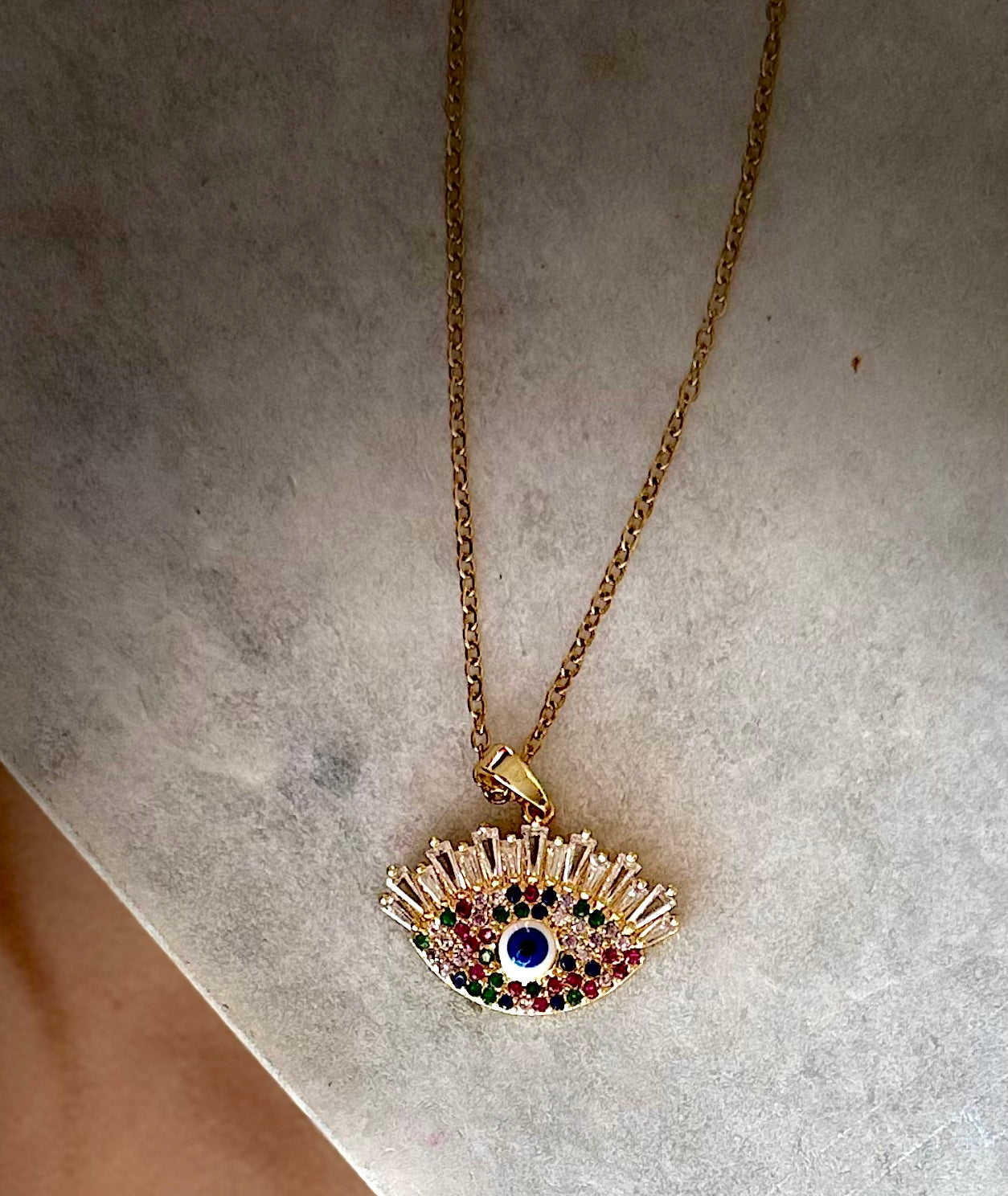 Evil Eye Pendant Necklace – Gold Polished, Adjustable Chain, Colourful Stones | Protection Jewelry