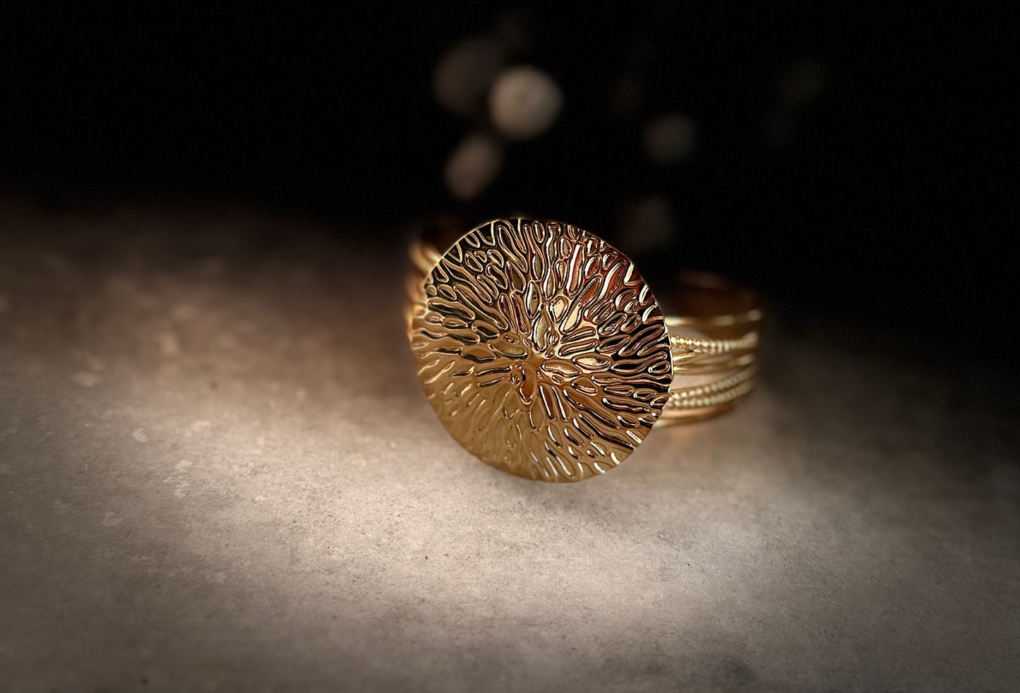 Gold Textured Medallion Cuff Bracelet