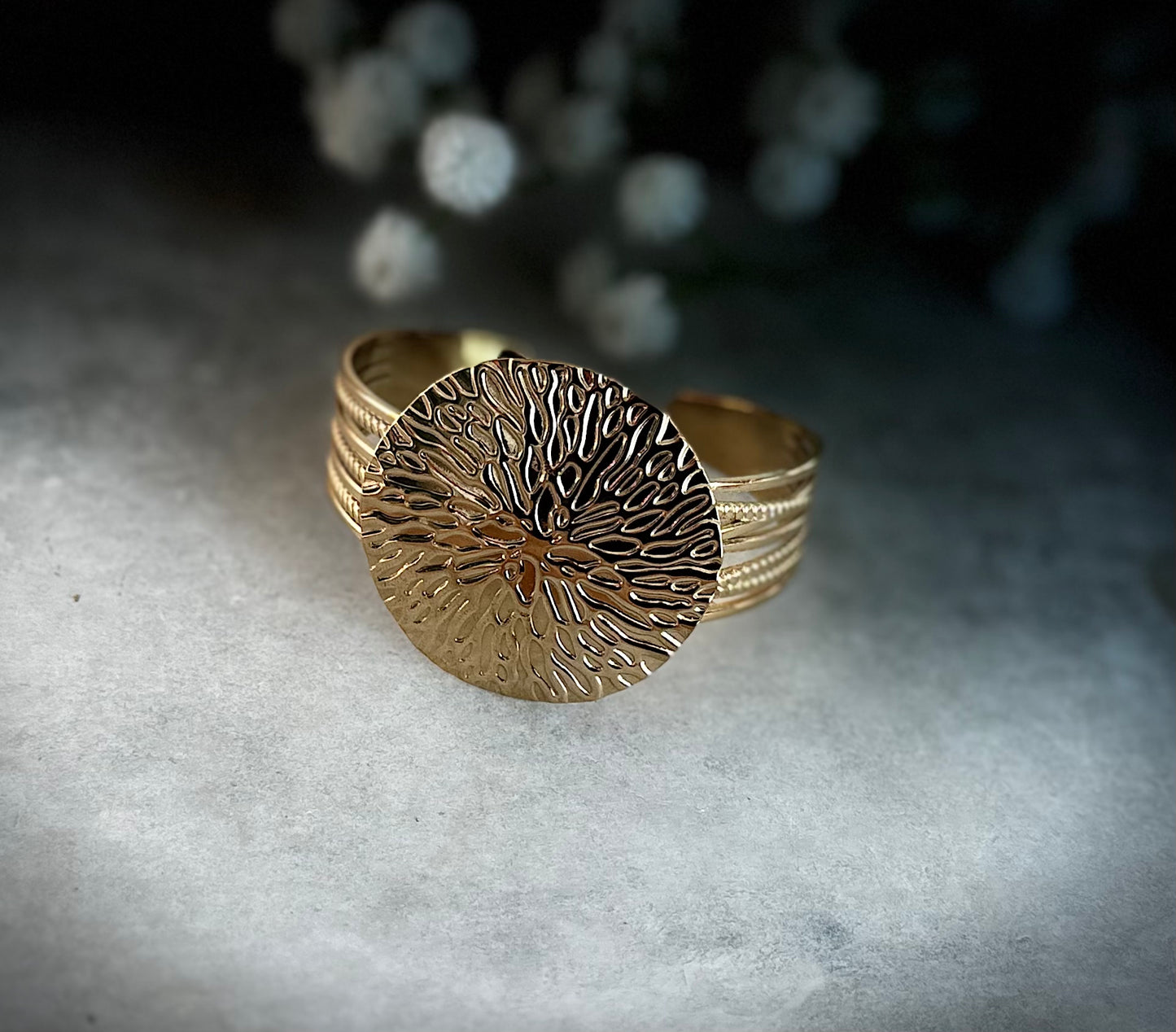 Gold Textured Medallion Cuff Bracelet