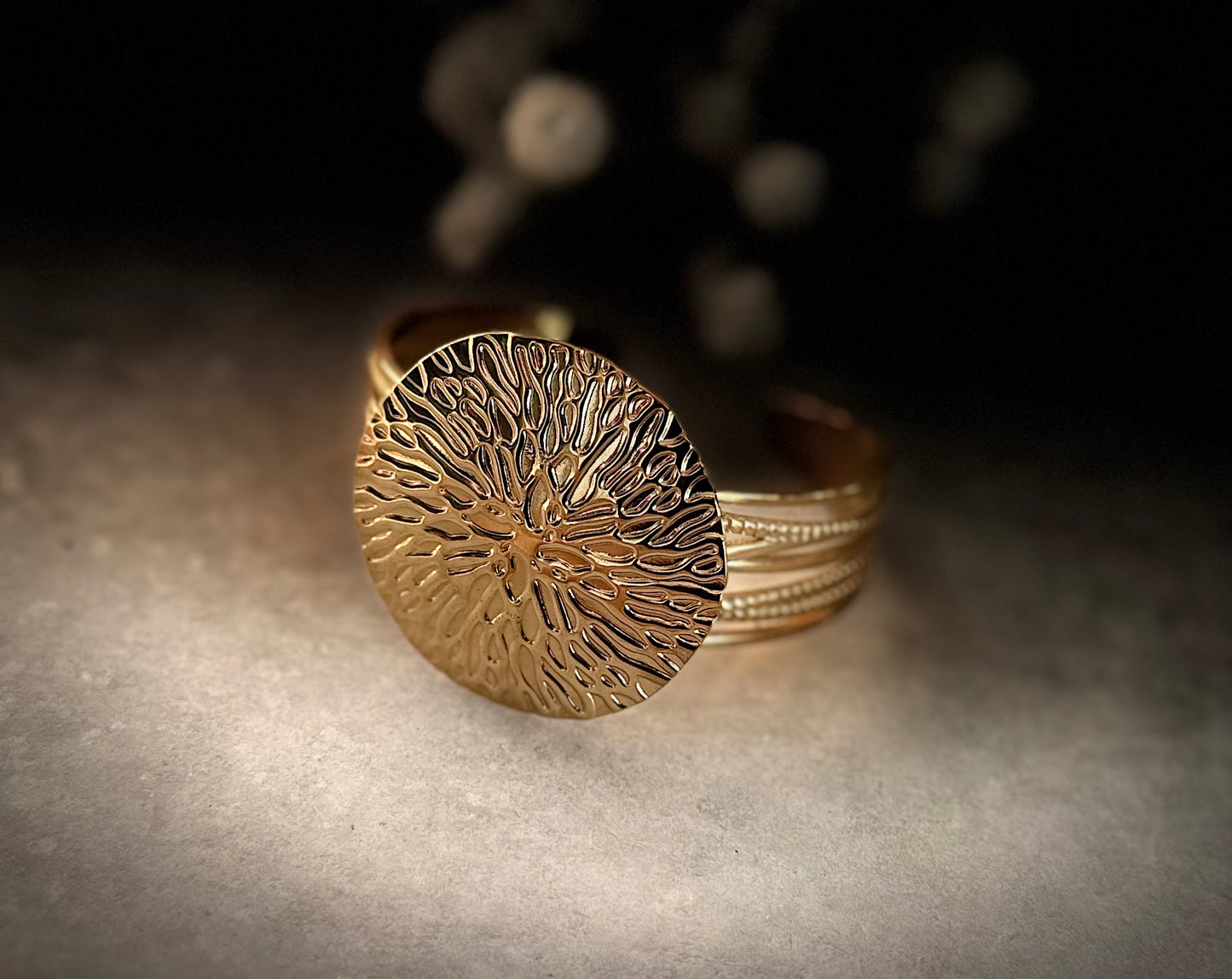 Gold Textured Medallion Cuff Bracelet