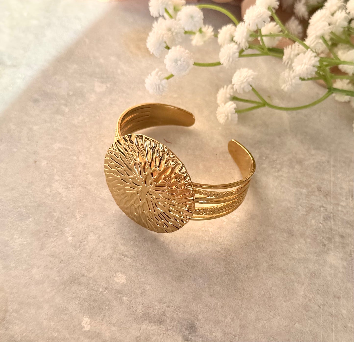 Gold Textured Medallion Cuff Bracelet