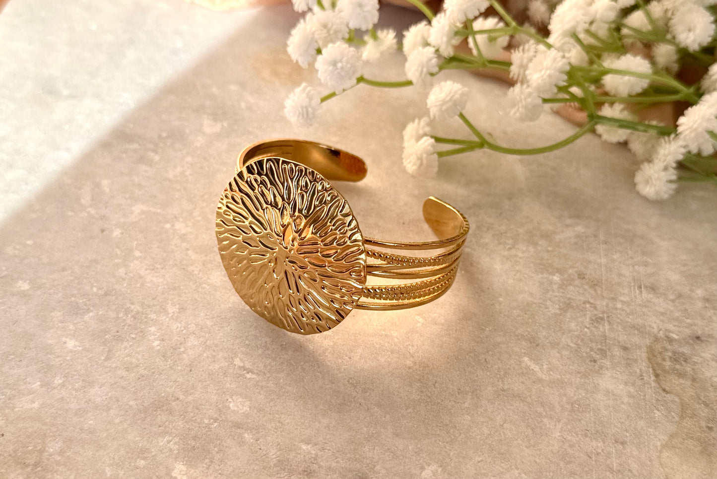 Gold Textured Medallion Cuff Bracelet
