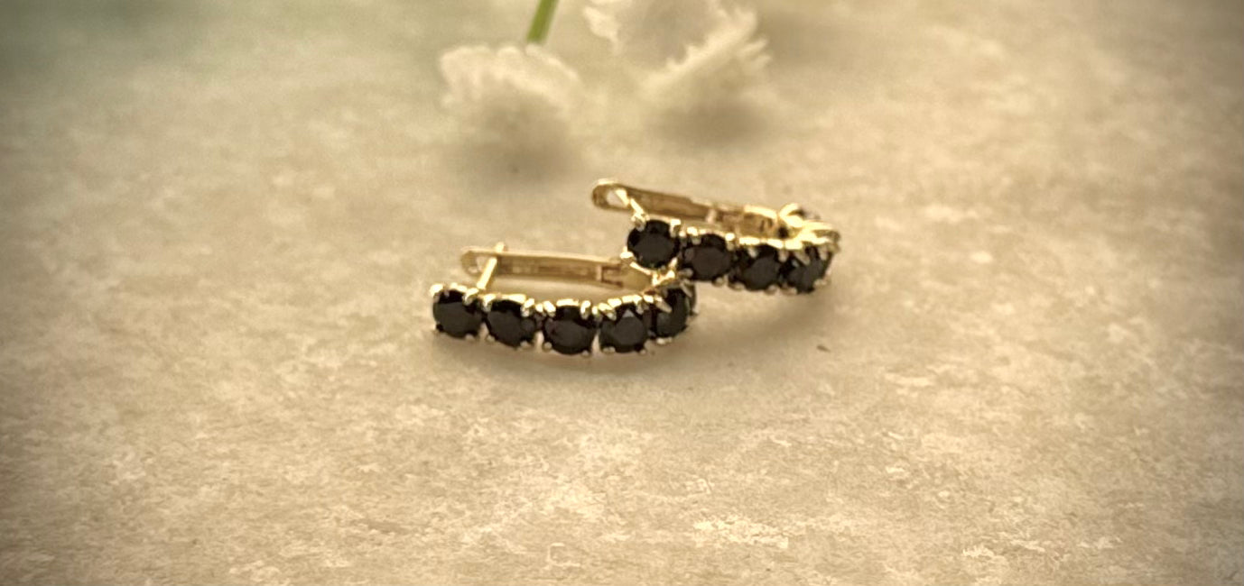 Black Stone Gold Mini Hoop Earrings