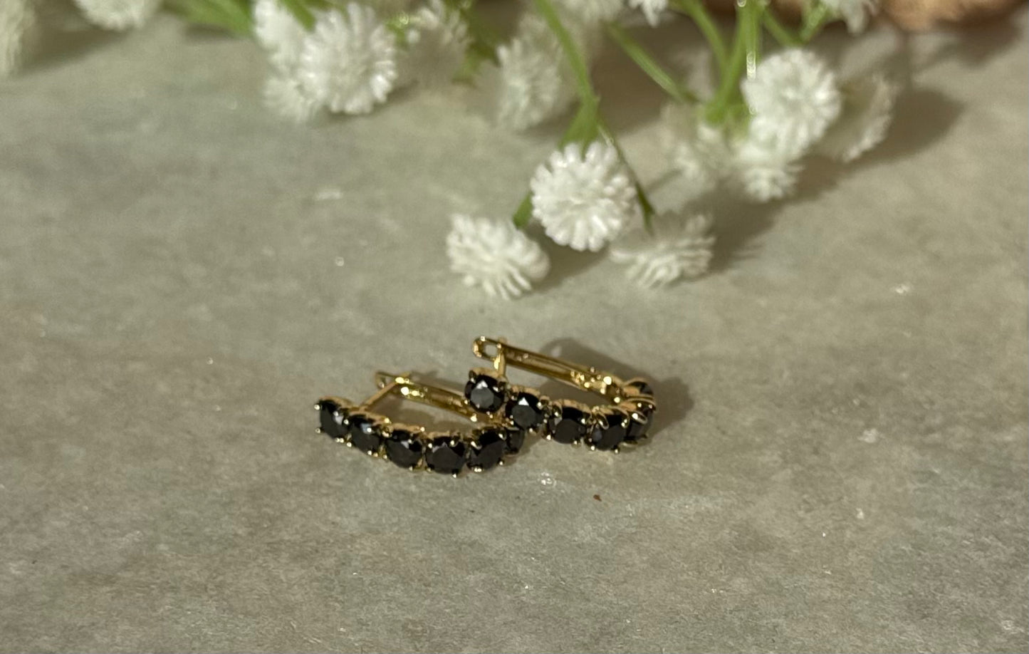 Black Stone Gold Mini Hoop Earrings