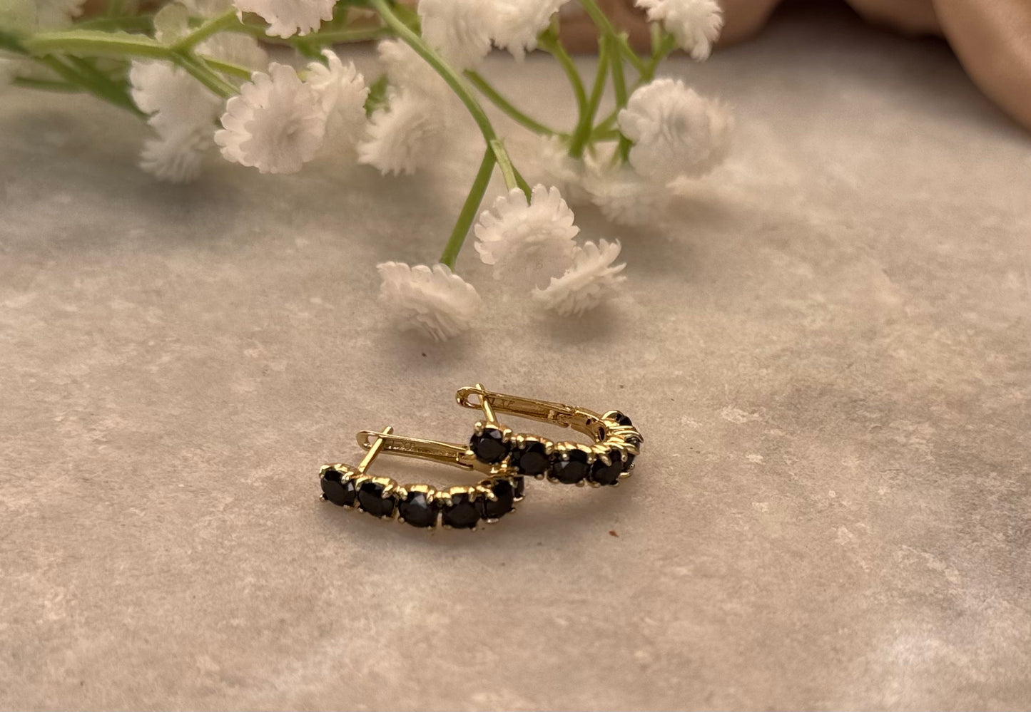 Black Stone Gold Mini Hoop Earrings