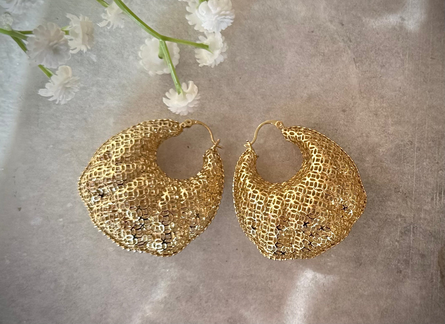 Textured Gold Hoop Earrings – Bold Mesh Design