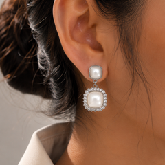Luna Pearl Halo Drop Earrings (Silver)
