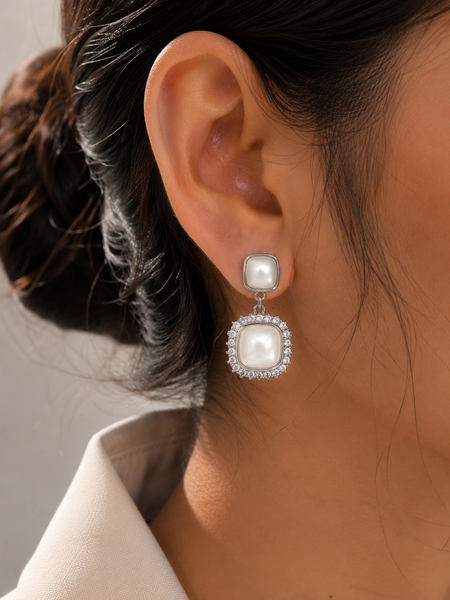 Luna Pearl Halo Drop Earrings (Silver)