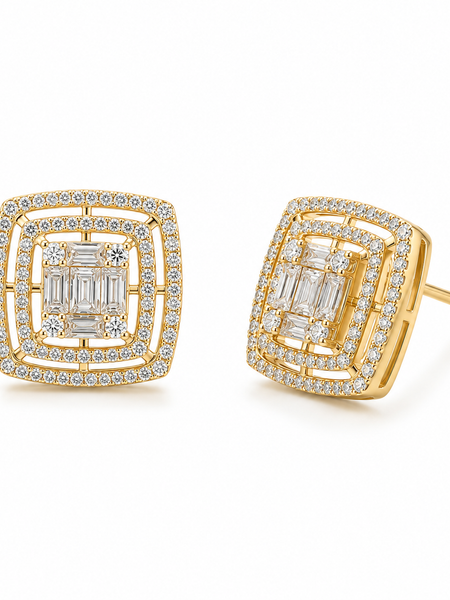 Regal Baguette Halo Stud Earrings