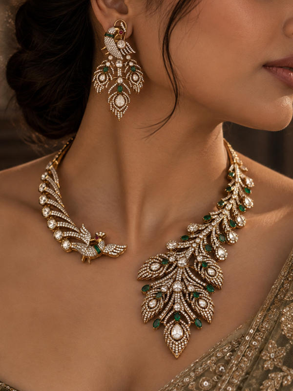 Morni Emerald Polki Necklace & Earrings Set
