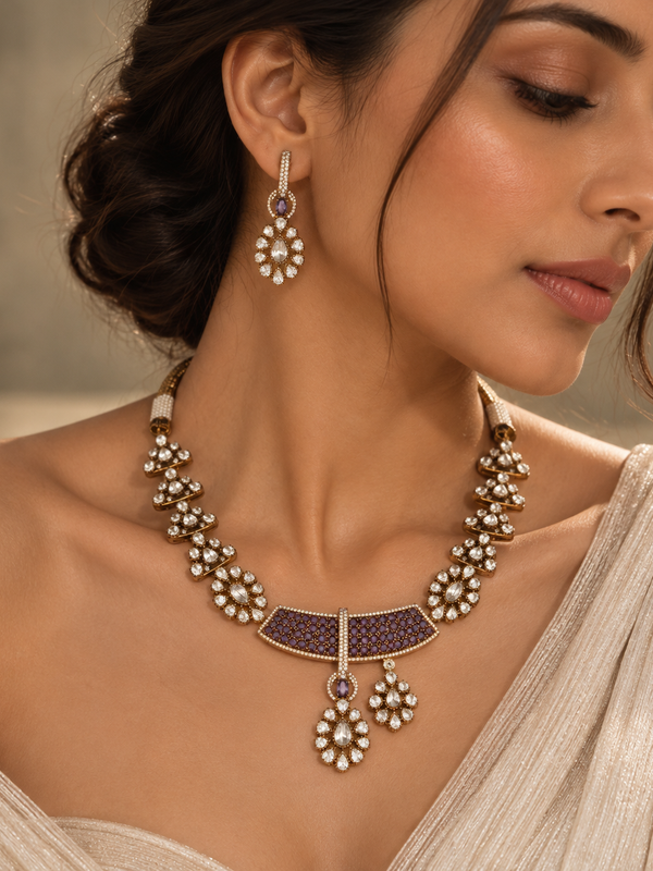 Afsana Amethyst Polki Necklace & Earrings Set