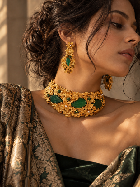 Gulbahar Emerald Floral Choker & Earrings Set