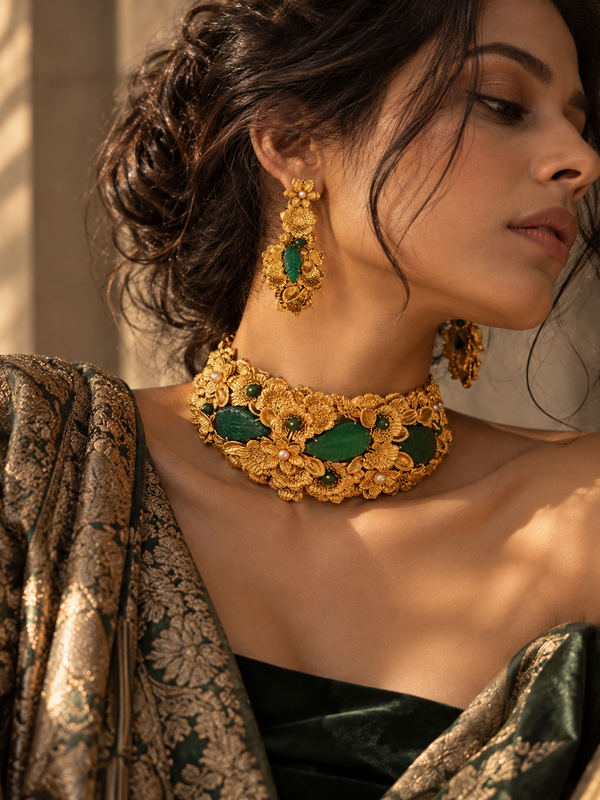 Gulbahar Emerald Floral Choker & Earrings Set