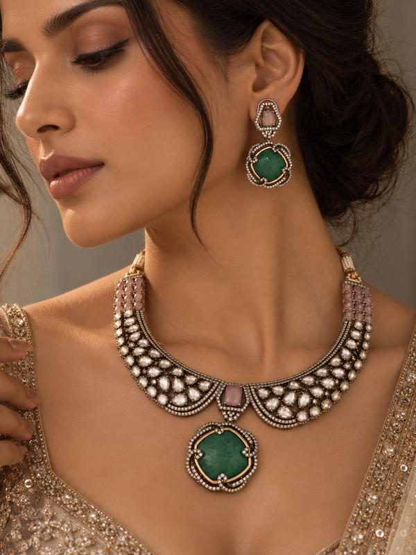 Zareen Emerald Polki Necklace & Earrings Set