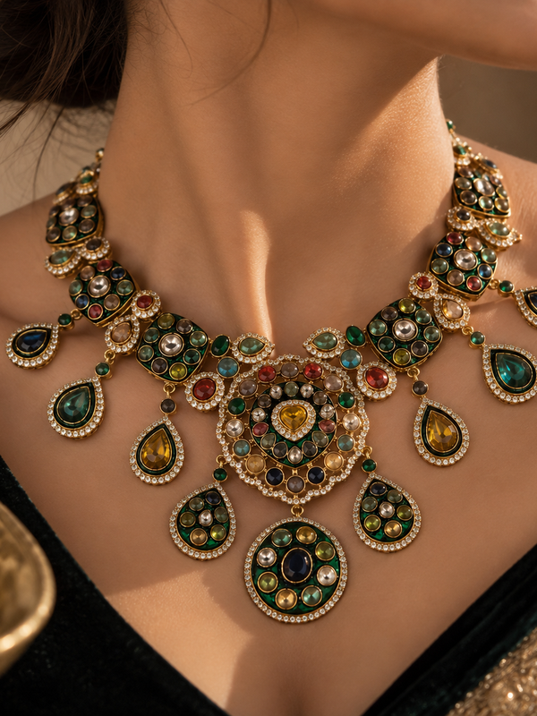 Rangrez Navratna Necklace, Maang Tikka & Earrings Set