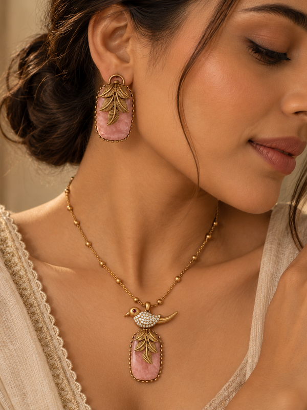 Gulnaar Bird & Blush Stone Pendant Necklace