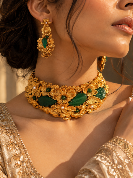 Gulbahar Emerald Floral Choker & Earrings Set