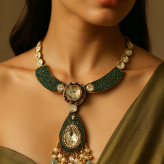Emerald Kundan Royale Long Pendant Set