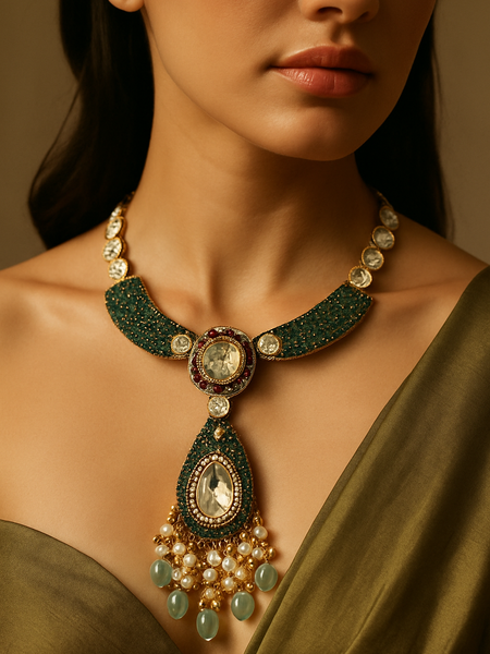 Emerald Kundan Royale Long Pendant Set